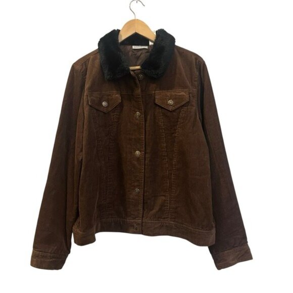 Y2K Barn Trucker Brown Corduroy Jacket with Black Faux Fur Collar Size XL - Picture 1 of 9